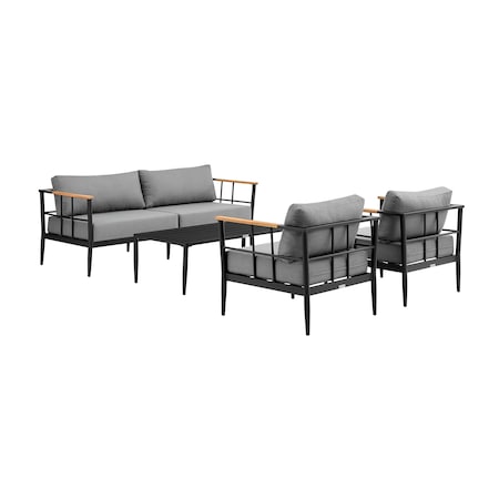 Armen Living Shari Outdoor Patio 4-Piece Lounge Set in Aluminum with Teak Wood and Gray Cushions 840254333079